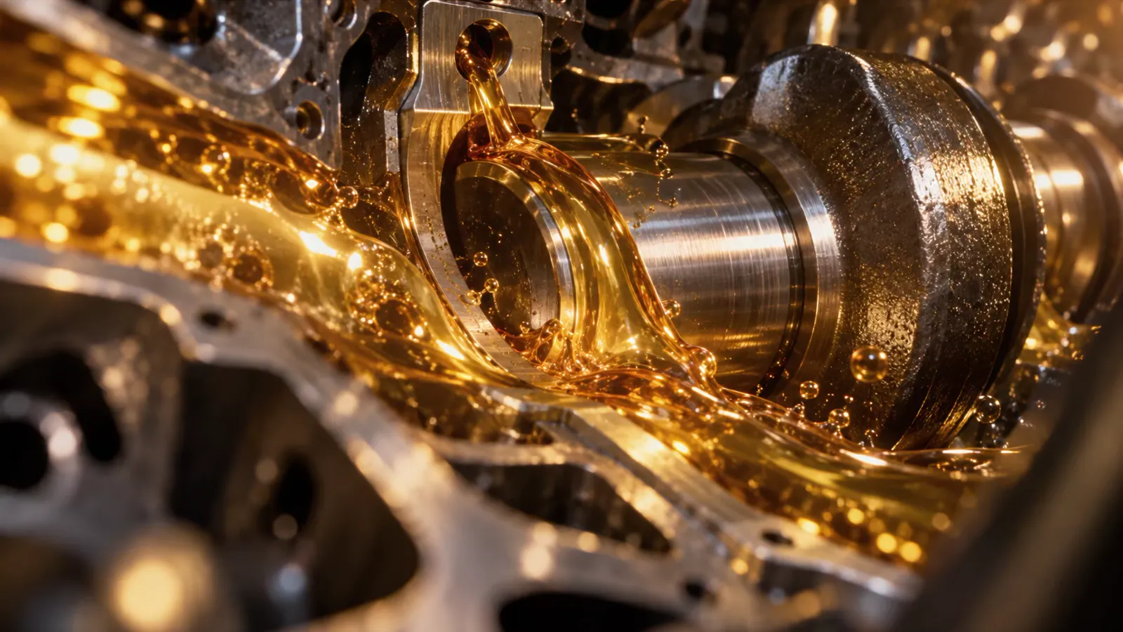 Goldenes Motoröl fließt durch die Ölkanäle eines Motors